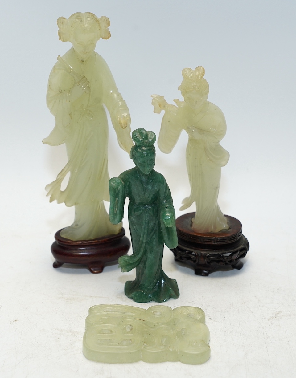 Four Chinese bowenite jade carvings, two on stands, largest 16cm high. Condition - fair to good, one figure with hand missing